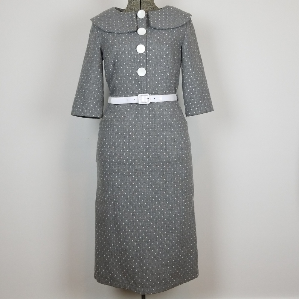 Bettie Page Gray & White Polka Dot Wiggle Dress